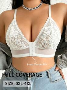 Plus Size Women Lace Patchwork Wireless Bra, Breathable Non-Slip Supportive Seamless Everyday Wear - White - View 3