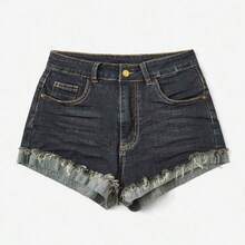 Grunge Punk Solid Raw Hem Low Waist Denim Shorts, School - Azul lavado oscuro - Ver 2