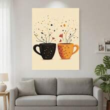Enmarcado Lienzo decorativo 2D plano de 1 pieza, estilo Art Déco moderno retro, diseño de tazas humeantes otoñales, póster impreso de alta calidad, elegante decoración de oficina en casa con marco de  para sala de estar, dormitorio, cocina, baño, orientación vertical para interiores, decoración de cocina - Enmarcado - Ver 3