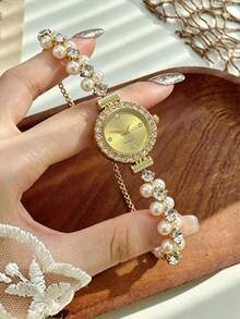 1pc Teen Girl Pearl & Rhinestone Decor Quartz Watch, No Gift Box, 1pc, Adjustable Bracelet Band, Perfect For Back To School, Summer Vacation And Daily Wear - Multicolor - View 8