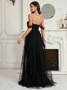 Belle Vestido de dama de honor con hombros descubiertos y malla, negro, elegante, formal, de noche, para graduación, cena o fiesta de boda - Negro - Ver 4