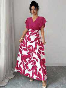 ajustado y acampanado con volantes y mangas de capa, con estampado de hojas de color rojo burdeos, para primavera/verano - Rosa Fucsia - Ver 3
