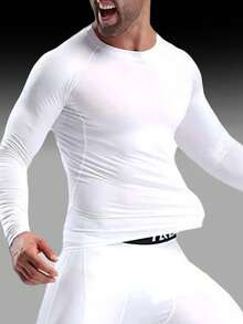 Men's Pure Black Long-Sleeved Thermal Underwear Top, Round Neck Style, Highly Elastic, Quick-Drying And Breathable, Fashionable And Slim With Sports Attributes, Can Be Used As Fitness Clothes, Running Training Clothes, Cycling Clothes, Winter Style Suitable For Outdoor Skiing In Cold Weather, Suitable For Keeping Warm In Autumn And Winter - White - View 2
