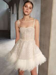 Stretchy White Sequin Feather Dress, Sophisticated Feminine Elegant Style, Spring Summer Wear - White - View 4