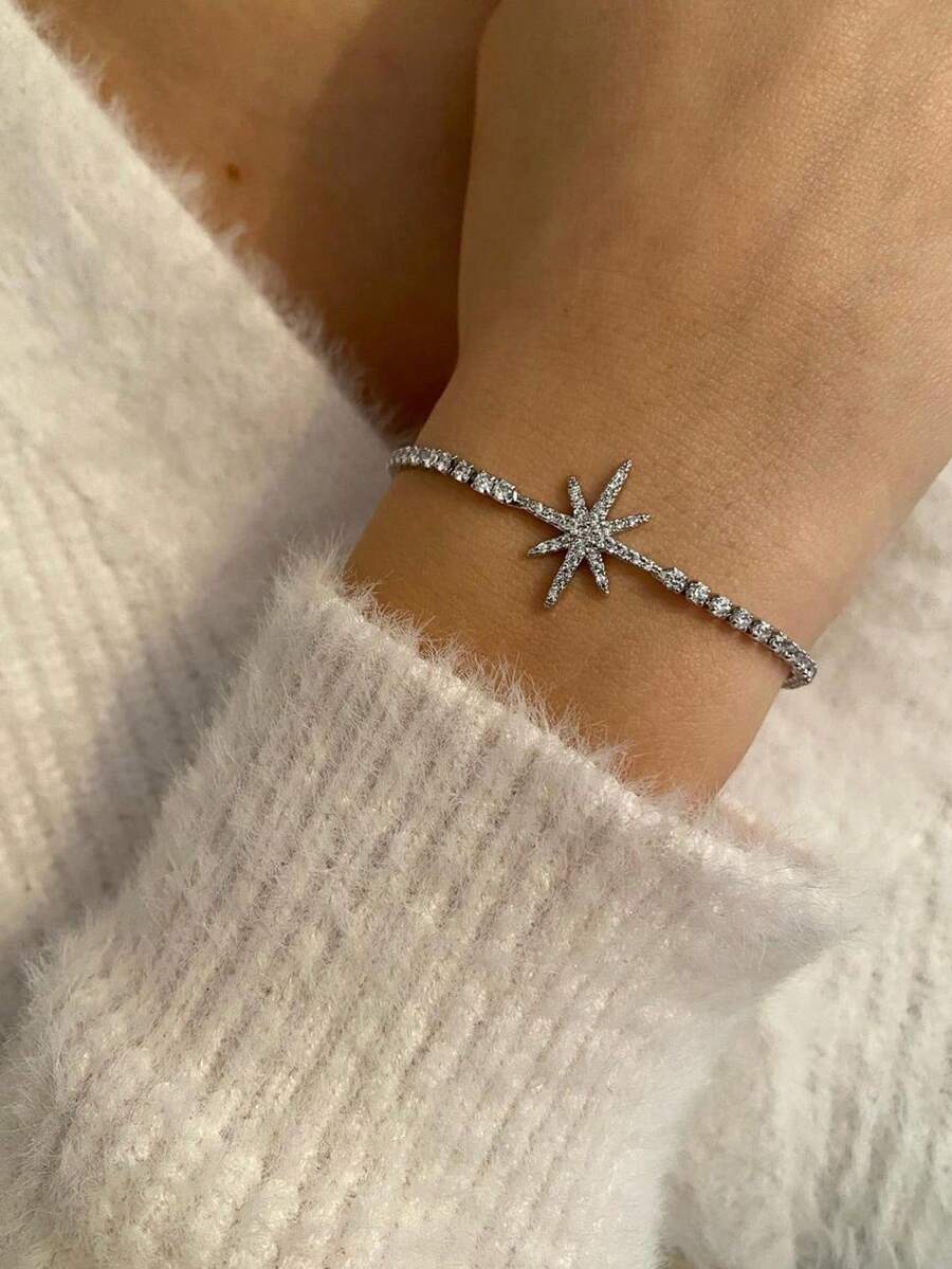 1pc Shiny Star Bracelet With Rhinestones, Suitable For Daily Wear, Parties, And Travel - JL2654 Silver - View 1