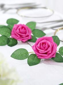 50 flores + 2 hojas Rosas artificiales de espuma blanca con tallos, aspecto realista para ramos de boda DIY, centros de mesa para despedida de soltera, arreglos florales, decoraciones de mesa para fiestas, decoración del hogar, regalos, cumpleaños, graduaciones, etc. - Rosa Fucsia - Ver 2
