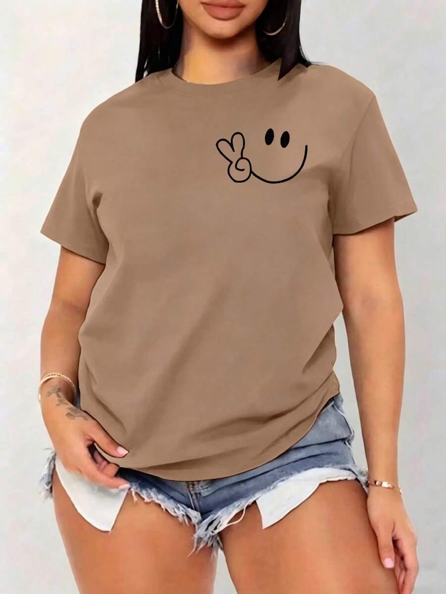 Women's Oversized Red Summer T-Shirt With Face And Peace Sign Print. Casual Red Short-Sleeved T-Shirt With Face, Ideal For Cool Summer Looks. - YH463-棕色 - 查看 1