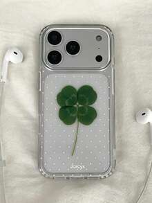 Casing Ponsel Minimalis Motif Daun Semanggi Empat Daun Polkadot Mengkilap, Kompatibel dengan iPhone 17ProMax 17Pro 17 16ProMax 16 15 14 13 Pro Max, Casing Lembut Anti Jatuh yang Lucu - Clear - View 4