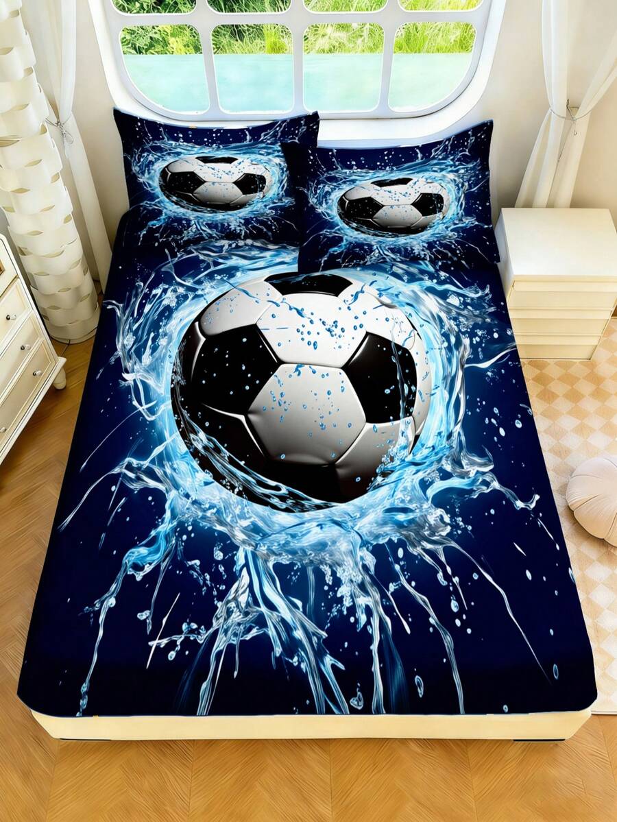 2/3pcs Football Print Fitted Sheet Set, Suitable For Bedroom, Cool Sports Style, Polyester Fabric, With Elastic Deep Pocket Bedding Set, Suitable For Game Room, Boys Birthday Gift And Football Fans, No Filling - Multicolor - View 1