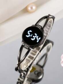 LED Touch Screen Digital Watch Set, Luxury Crystal Bracelet Style Women's Watch - Black - View 3