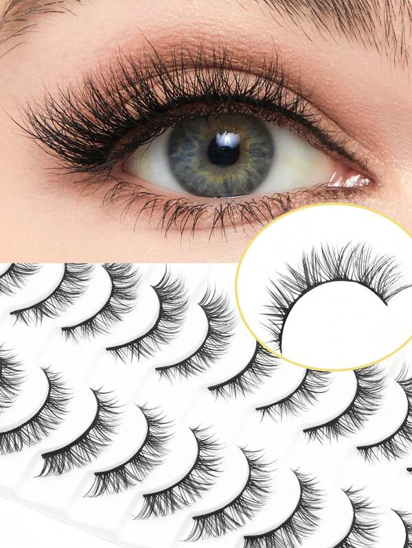 10 Pairs Anime Style 3D Reusable False Eyelashes, C-Curl Volumizing Design, 0.05mm Thickness, Natural & Cat Eye Effect, 10-15mm Length, Suitable For Daily, Work, Party Makeup, Easy To Use, Suitable For Beginners