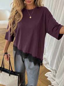 LUNE Women's Casual T-Shirt With Asymmetrical Lace Hem, Solid Color, Everyday Basics, Casual Spring/Summer Blouse For Women's Vacation, Summer Vacation For Women, Spring For Women, Spring Vacation, Beach Top - 波爾多 - 查看 8