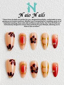NAIO 10pcs/Set Handmade Press On Nails 3 Sizes Available: Coffin/Almond/Short Square Nail Tips, Y2K Baddie Style, Nude, Red And Gold Color With French Edge, Gold Nail Polish With A Gradient Sunburn Color, Featuring Floral And Gilded Designs, And Adorned With Gold Bead Embellishments. Cream Texture, Suitable Fashionable And Avant-Garde For Women And Girls, Party, Daily Wear, Comes With Tool Kit, Great Gift For Ladies Nails Nail Supplies - Multicolor - View 12