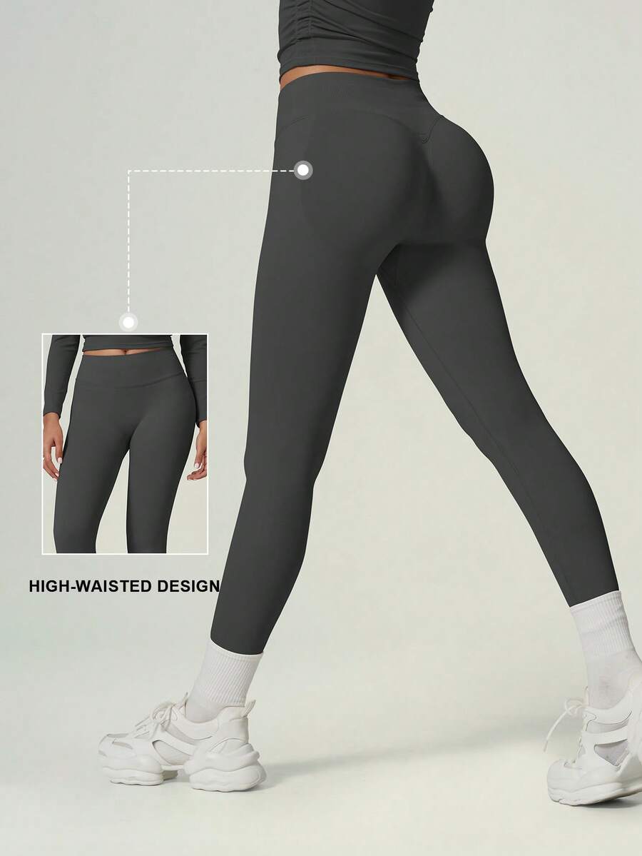 UONNOU 1pc Women's Solid Color Lifting Shaping Yoga Fitness Running Tennis Training Sports Outdoor Long Pants, Spring/Summer - Dark Grey - View 1