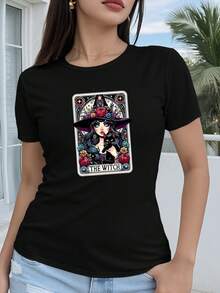 Camiseta de manga corta para mujer, de puro algodón, con estampado de diseño fantástico que presenta una ilustración geométrica en 2D de una misteriosa bruja y un gato. Diseño casual de cuello redondo, adecuada para todas las estaciones, moda de vacaciones, estética vintage, material transpirable, estampado divertido. - Negro - Ver 1