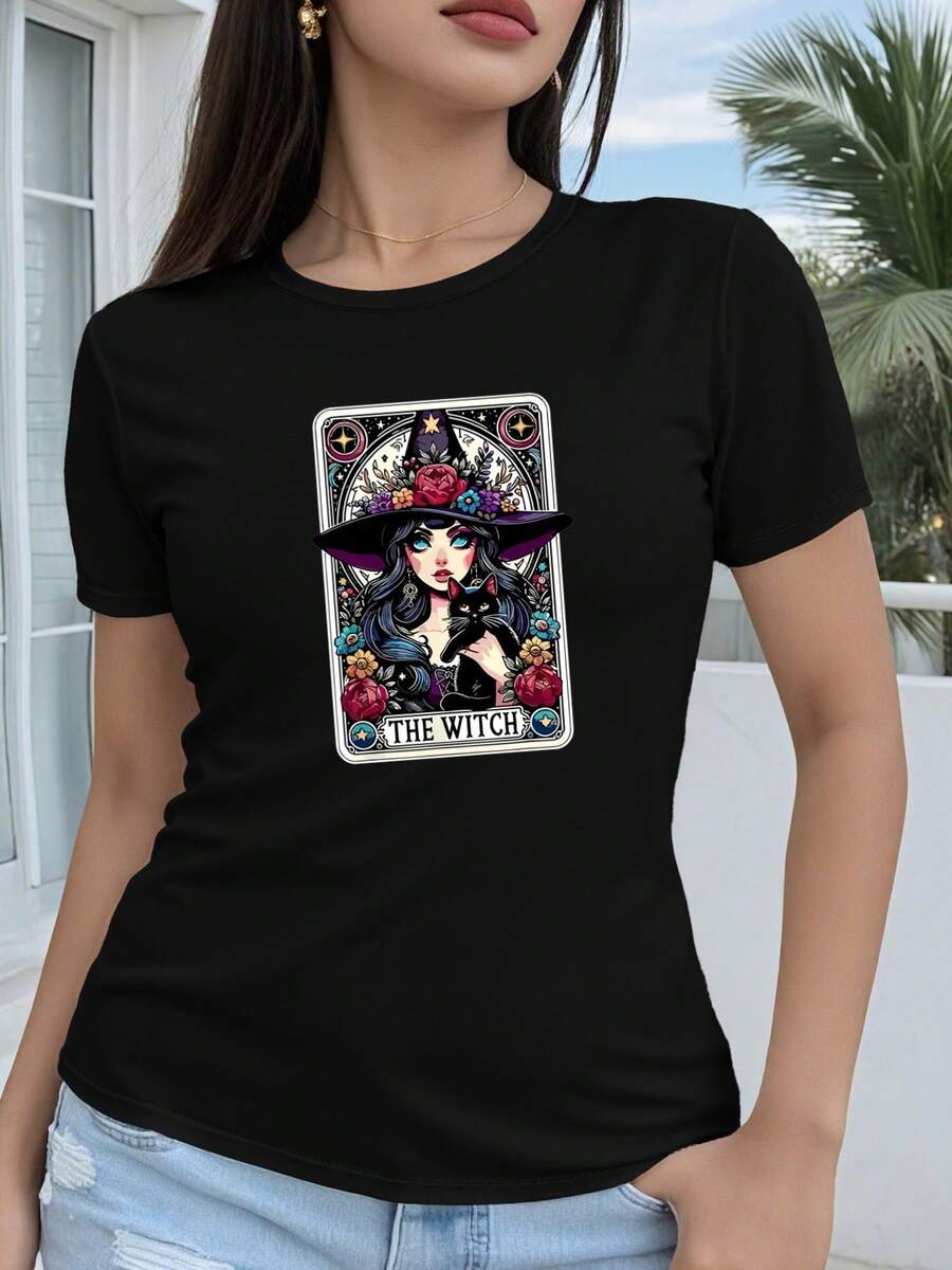 Camiseta de manga corta para mujer, de puro algodón, con estampado de diseño fantástico que presenta una ilustración geométrica en 2D de una misteriosa bruja y un gato. Diseño casual de cuello redondo, adecuada para todas las estaciones, moda de vacaciones, estética vintage, material transpirable, estampado divertido. - Negro - Ver 1