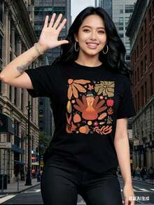 Women's Short-Sleeved T-Shirts With Interesting Prints, Beautiful Clothing. White T-Shirt With A Turkey Print And Autumn Harvest Theme For Thanksgiving. - 黑色 - 查看 1