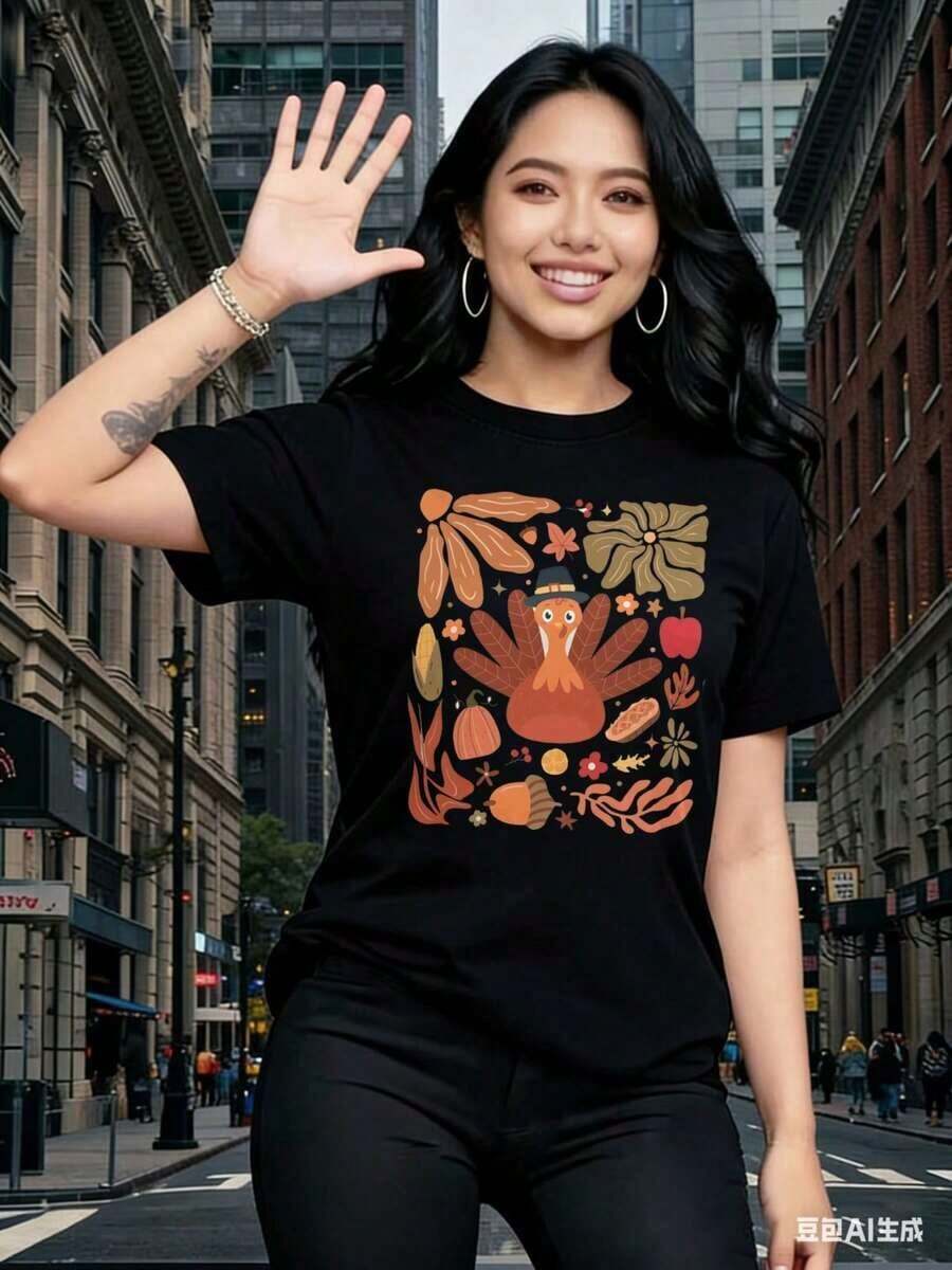 Women's Short-Sleeved T-Shirts With Interesting Prints, Beautiful Clothing. White T-Shirt With A Turkey Print And Autumn Harvest Theme For Thanksgiving. - 黑色 - 查看 1
