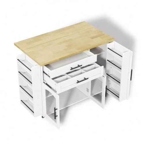 Mobile Kitchen Island With Folding Worktop, Kitchen Trolley, 5 Wheels, Multiple Storage Compartments, Spice Rack, Cutlery Drawer, 120 X 45 (70) X 90 Cm - White - View 1