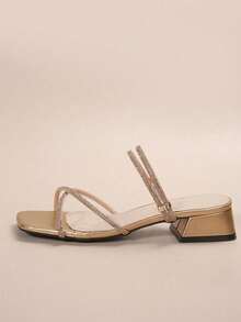 New Versatile Square Toe Chunky Heel Sandals, Fashionable French Style Crystal Embellished High Heels Suitable For Party, Gathering, Commuting In Summer - Rose Gold - View 6