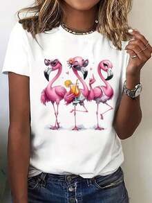 Camisa Casual de Manga Corta para Vacaciones de Verano para MujerY2KTropicalFlamencoImprimirCamiseta-VibranteRosaYPastelRosaCortoMangaRedondoCuelloSuperior,Ligero/ElastanoMezcla,MáquinaLavableInformalVeranoPlayaFiestaConjunto de ropaPara todas las estacionesVersátilInformalVestimentaConFlamencoYPalmaÁrbolDiseño - Blanco - Ver 7