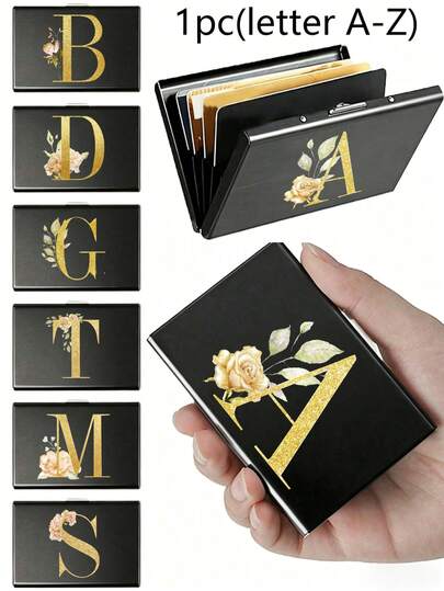 1 chiếc ví đựng thẻ mỏng 6 ngăn, màu vàng với chữ cái đầu A-Z và họa tiết hoa, ví đựng thẻ ID, thẻ ngân hàng, thẻ tín dụng, ví kim loại đen chống quét RFID, ví đựng thẻ tín dụng bằng nhôm mỏng chống quét, ví đựng thẻ nhiều ngăn cứng cáp di động dành cho nam và nữ
