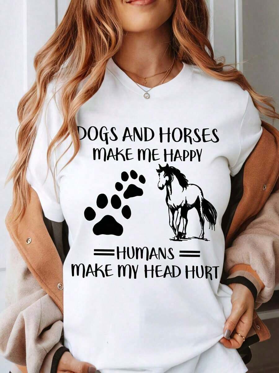 Women's Clothing: Dogs And Horses Make Me Happy, Humans Give Me A Headache. Animal Lover T-Shirt With Paw Print And Horse Design. Perfect Gift For Dog And Horse Enthusiasts. Casual Clothing For Women And Men. Women's Shirts - 白色 - 查看 1