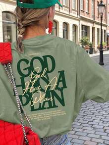 Camiseta de manga corta con cuello redondo, suelta y versátil, con estampado gráfico de letras, ideal para el verano y uso diario de moda - Verde hierba - Ver 6