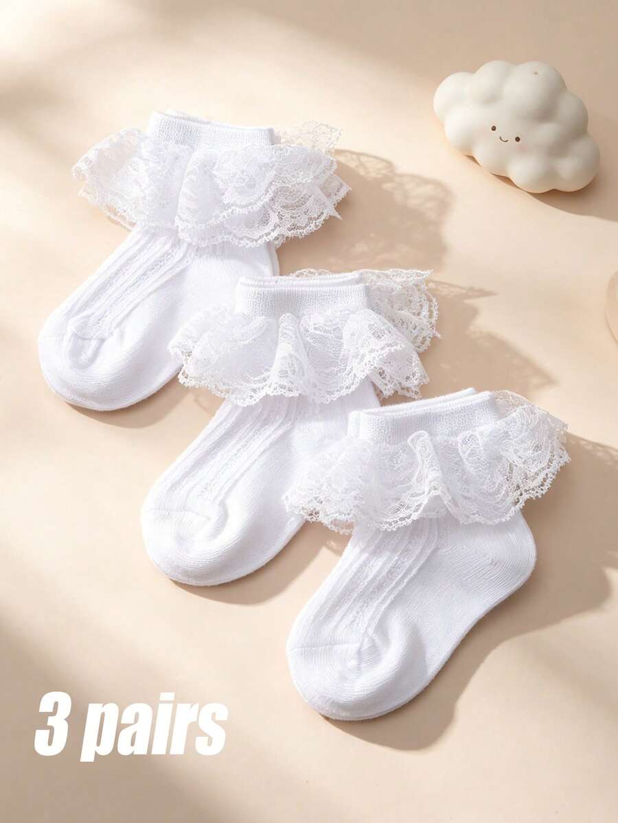 3双婴儿/幼儿女童蕾丝边甜美透气网眼短袜