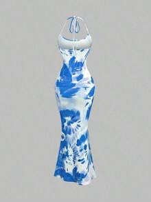 Vestido largo de fiesta formal con cuello halter y bajo de sirena en color sólido de - Azul - Ver 2