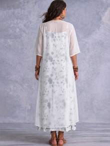 Spring/Summer Plus Size Women's Elegant Floral Print Spaghetti Strap V-Neck Dress With 3/4 Sleeve Sheer Cardigan Two Pieces Set Vacation White - White - View 2