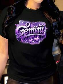 Camiseta de Mujer Morada Degradada con Corazones de Géminis, Destellos y Estrellas, Cuello Redondo, Manga Corta, Casual, Adecuada para Uso Diario al Aire Libre, Perfecta para Todas las Temporadas. - Negro - Ver 6