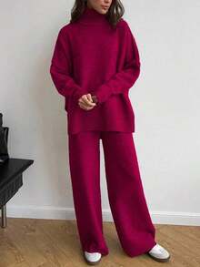 2 piezas Conjunto de suéter de manga larga de hombro caído con cuello alto sólido y pantalones anchos de punto para mujer, otoño/invierno - Rojo - Ver 5
