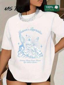 TAN, Camiseta de manga corta estampada de una sola cara de 180g, %, Estampado con diseño de aprendiz, Suave y transpirable, Casual de primavera-verano, Cuello redondo, Manga corta, Camiseta de mujer 1 pieza. Ropa fresca de verano - Blanco - Ver 8