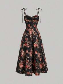Vestido con abertura y lazo floral - Negro 2 - Ver 4