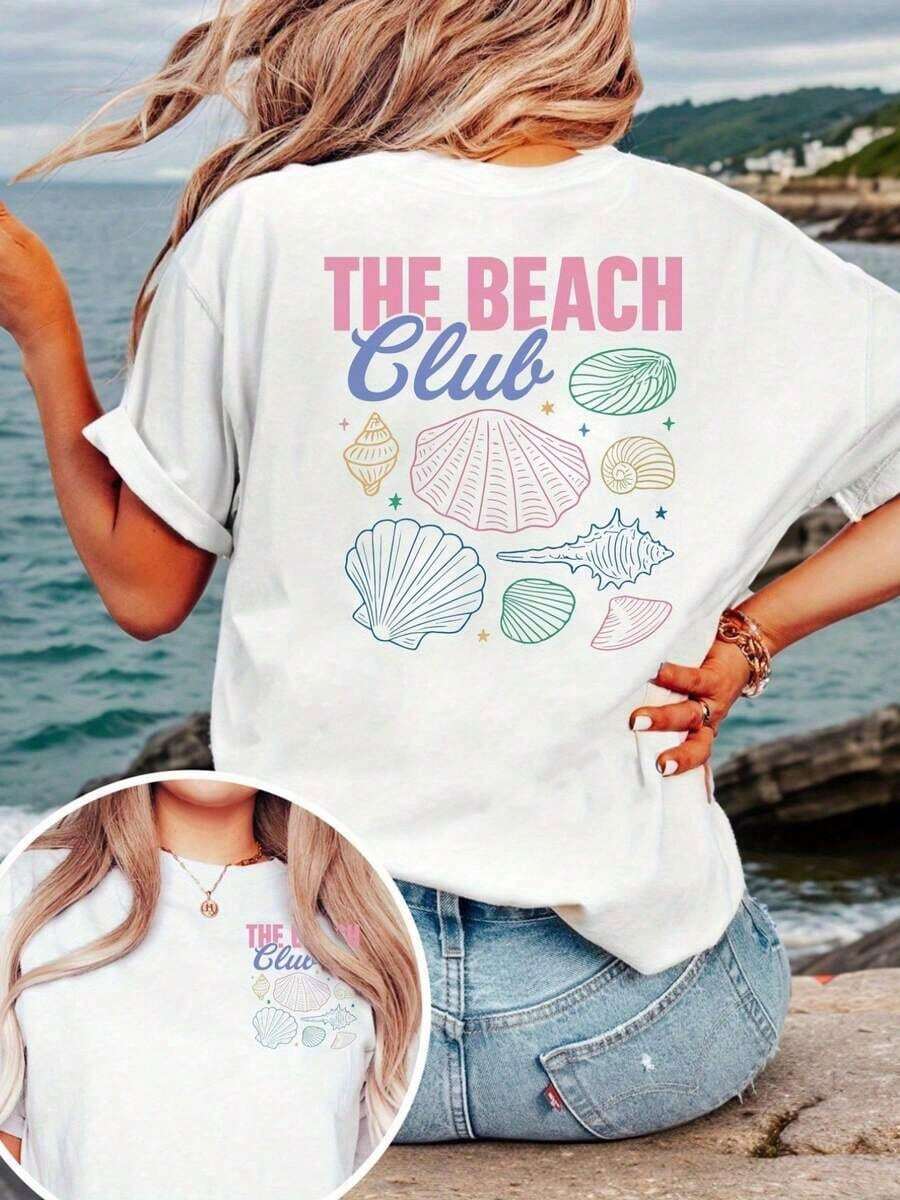 Gift: Short-Sleeved T-Shirt With Double-Sided Print, THE BEACH, Modern Casual T-Shirt For Women In Pink, Casual Short-Sleeved Top With Round Neck, Suitable For Summer And Spring, Women's Clothing - Unisex Loose-Fitting Cotton Short-Sleeved Round Neck T-Shirt In An Urban Vintage Style. Soft - 白色的 - 查看 1