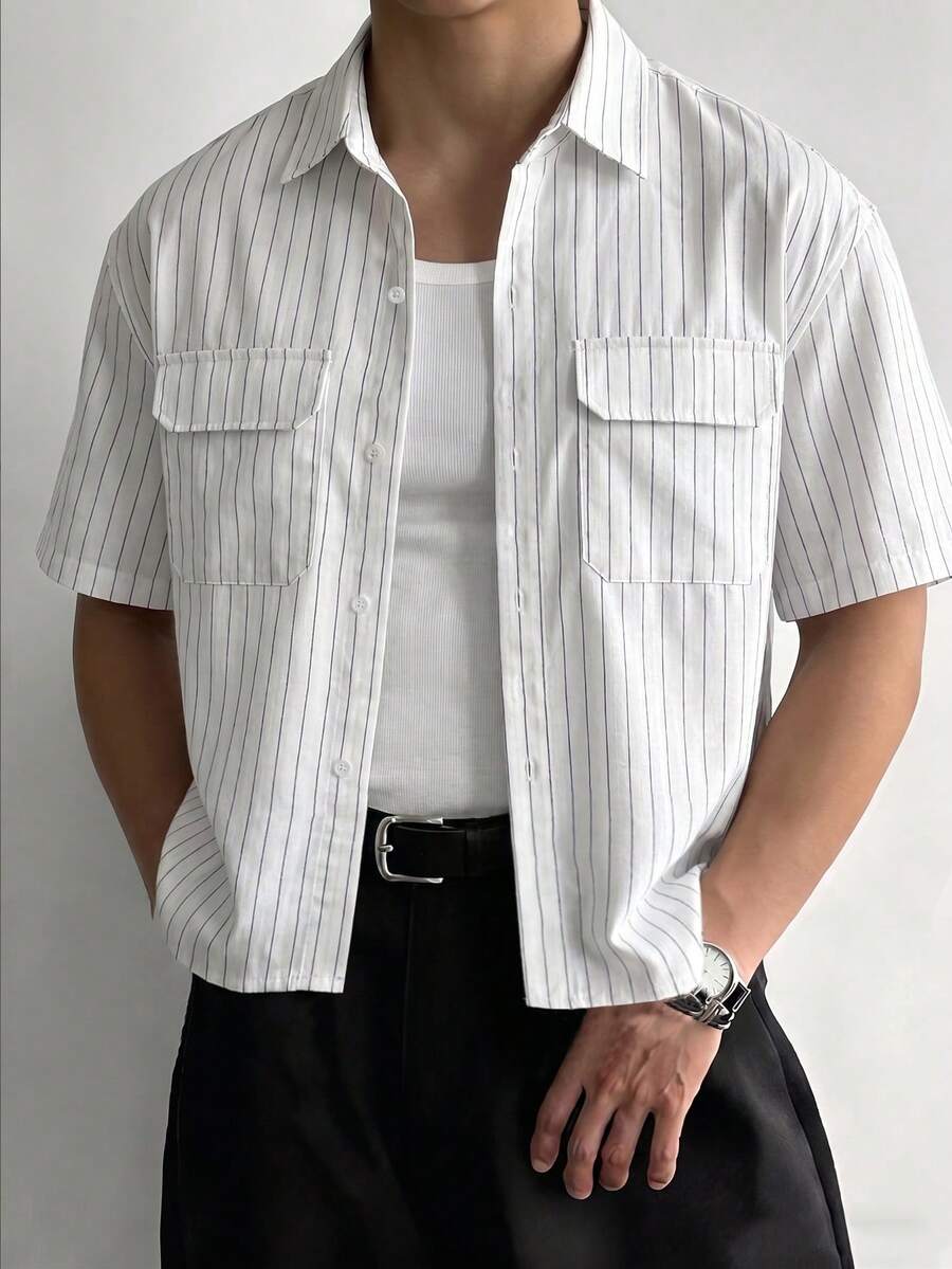 WAIT HIM Men's Casual Cargo Short Sleeve Shirt - White - View 1