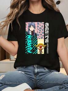 Camiseta de manga corta estilo anime para mujer, diseño de personaje Furen y dispositivo mágico, ropa casual de verano para fans de anime y regalo para amigos, 100% algodón. - Negro - Ver 1