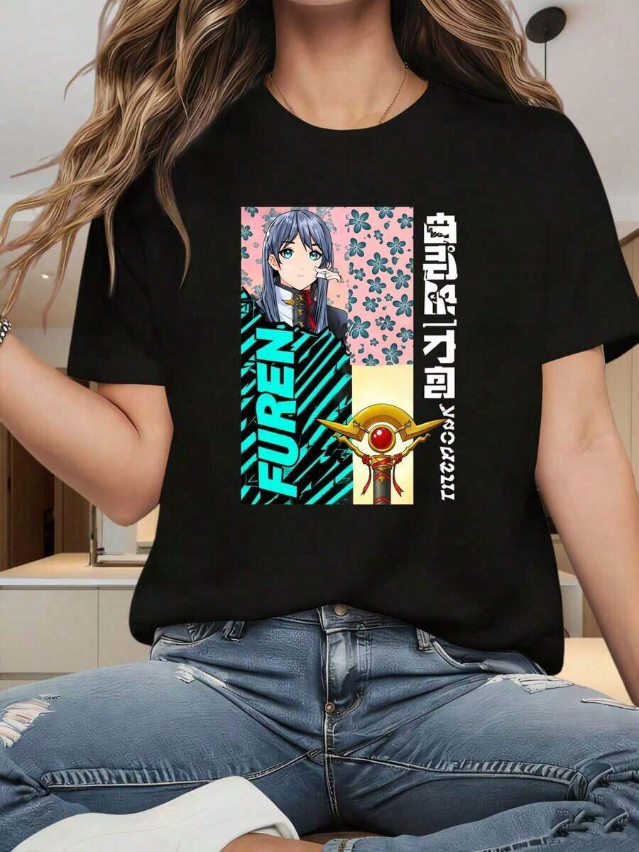 Camiseta de manga corta estilo anime para mujer, diseño de personaje Furen y dispositivo mágico, ropa casual de verano para fans de anime y regalo para amigos, 100% algodón. - Negro - Ver 1