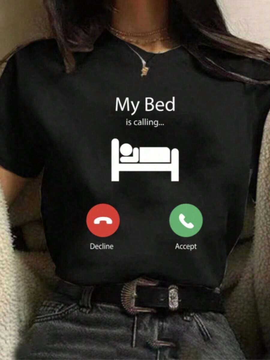 Camiseta de manga corta con estampado de cinta de audio y eslogan, camisetas gráficas para mujer, 100% algodón - Negro - Ver 1