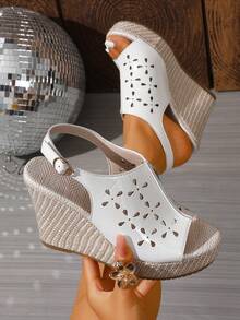 1 Pair Women's Summer Platform Wedge Sandals, Fashionable Hollow-Out Breathable Casual Strap Open Toe Shoes - White - View 2