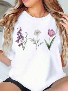 Camiseta con Estampado Floral para Mujer, Top Casual de Manga Corta de Verano con Diseño de Margaritas, Tulipanes y Vaino para Uso Diario y Temporada de Primavera - Blanco - Ver 2