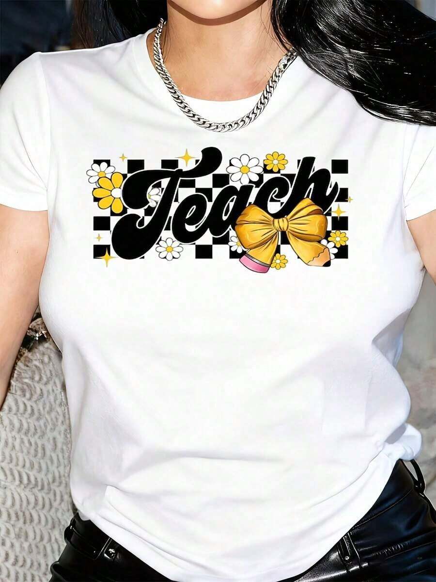 Women's T-Shirt With Yellow Bow, Daisies, Stars And Bees Print, Round Neck, Short Sleeve, Casual, Suitable For Daily Outdoor Wear, Perfect For All Seasons - 白色 - 查看 1