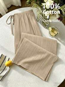 Pantalones anchos de pierna negros con diseño de estampado de leopardo retro elegante, pantalones rectos con cintura elástica con cordón, uso casual, vuelta al colegio - Albaricoque - Ver 1