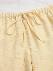 Pantalones anchos de pierna negros con diseño de estampado de leopardo retro elegante, pantalones rectos con cintura elástica con cordón, uso casual, vuelta al colegio - Amarillo - Ver 3