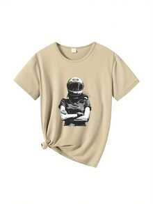 Women's Short-Sleeved Top With A Round Neck In Pure Cotton, Modern Printed Design, Cool And Breathable Fabric, Versatile Garment For Casual Looks, Everyday Occasions And Social Gatherings All Year Round - 杏色 - 查看 2