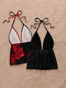 2 piezas Camiseta sin espalda con escote en V y tirantes con estampado de leopardo sexy, adecuada para vacaciones, citas, té de la tarde, vacaciones, festivales de música, estilo bohemio - Multicolor 19 - Ver 2