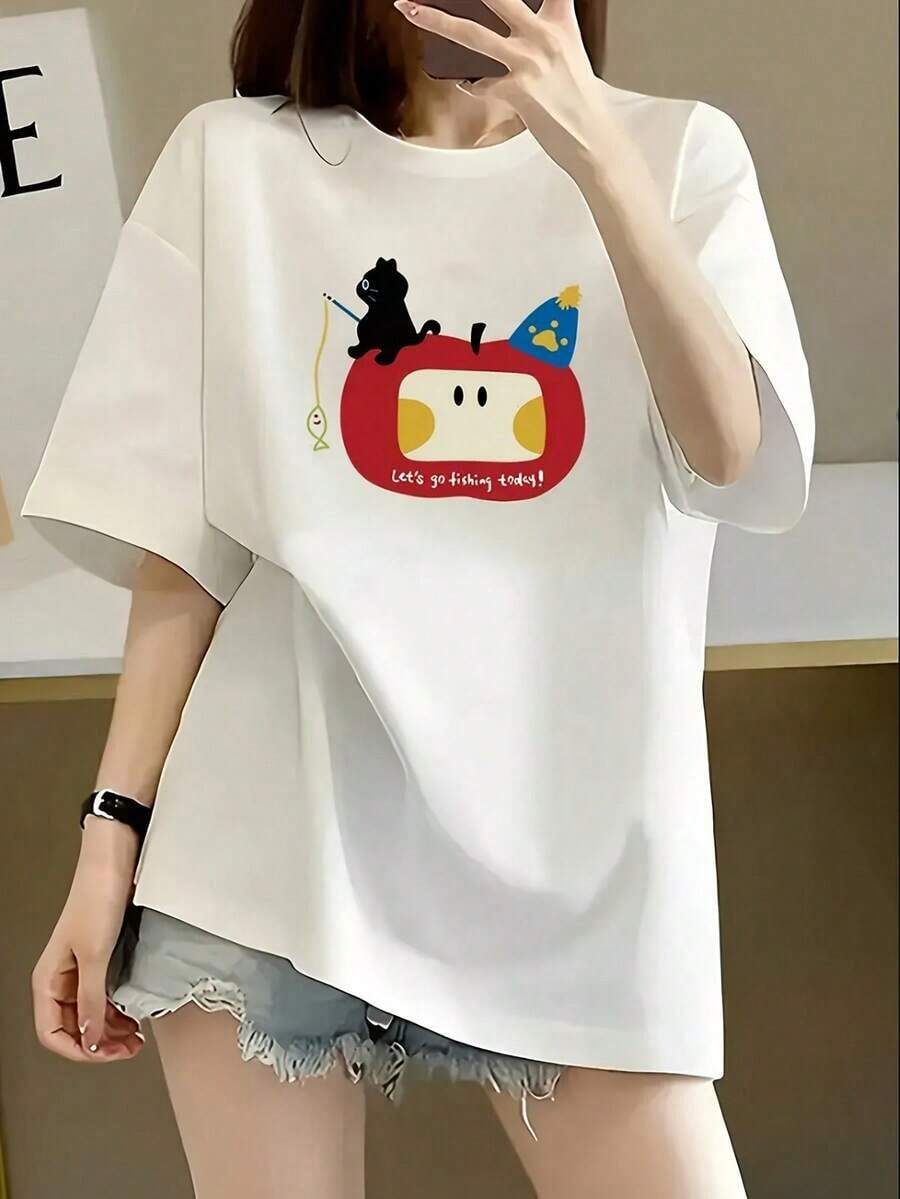 Camiseta de algodón para mujer con estampado de gato y manzana, cuello redondo y manga corta - Top casual de primavera/verano, lavable a máquina, diseño moderno y divertido, estilo cómodo, camiseta para mujer, top para damas. Artículo muy vendido playera de mujer camisas de mujer Oferta por tiempo limitado Cómodo y transpirable 88XD - Blanco - Ver 1