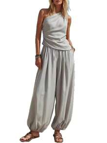 New Women's Summer 2-Piece Set, Minimalist Casual Style, Solid Color, Sleeveless Top, High-Waisted Loose Pants, Flattering, Perfect For Daytime Looks, Walks And Casual Occasions - 灰色 - 查看 7