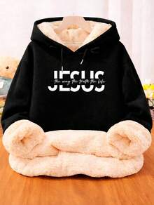 Women's Kangaroo Hoodie Sweatshirt With Plush Lining "Jesus The Way" Super Warm Winter Imported - 黑色 - 查看 1
